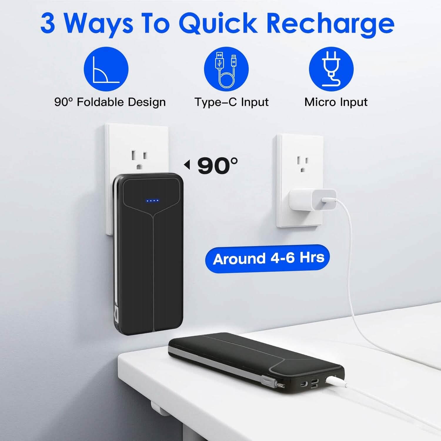 10000mAh Power Bank Portable Charger with US Plug 2 Built-in Cables External Battery Pack