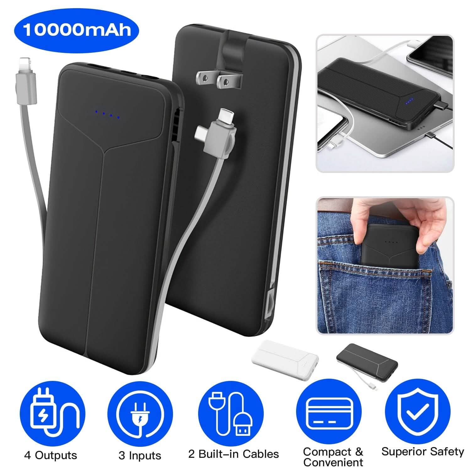 10000mAh Power Bank Portable Charger with US Plug 2 Built-in Cables External Battery Pack