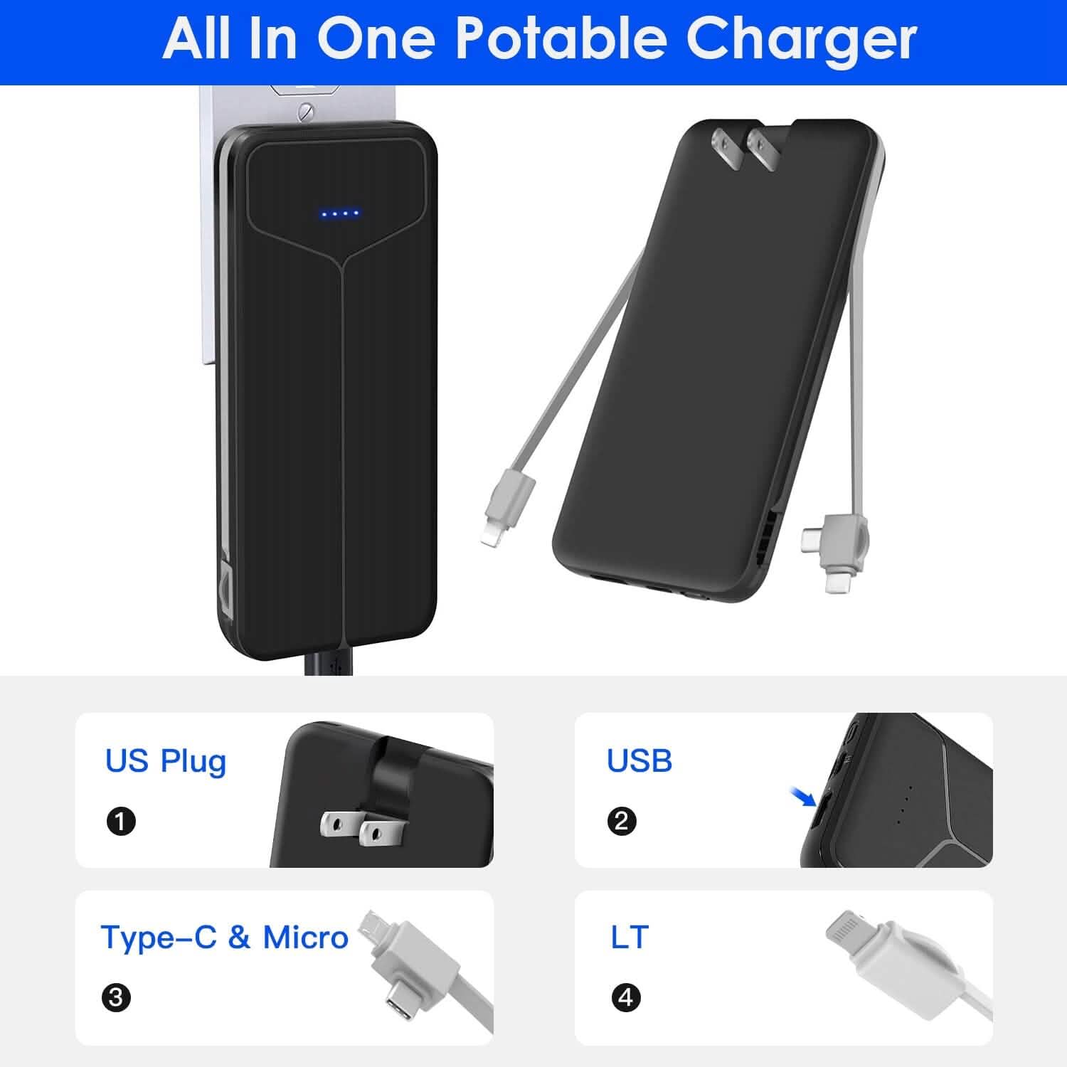 10000mAh Power Bank Portable Charger with US Plug 2 Built-in Cables External Battery Pack