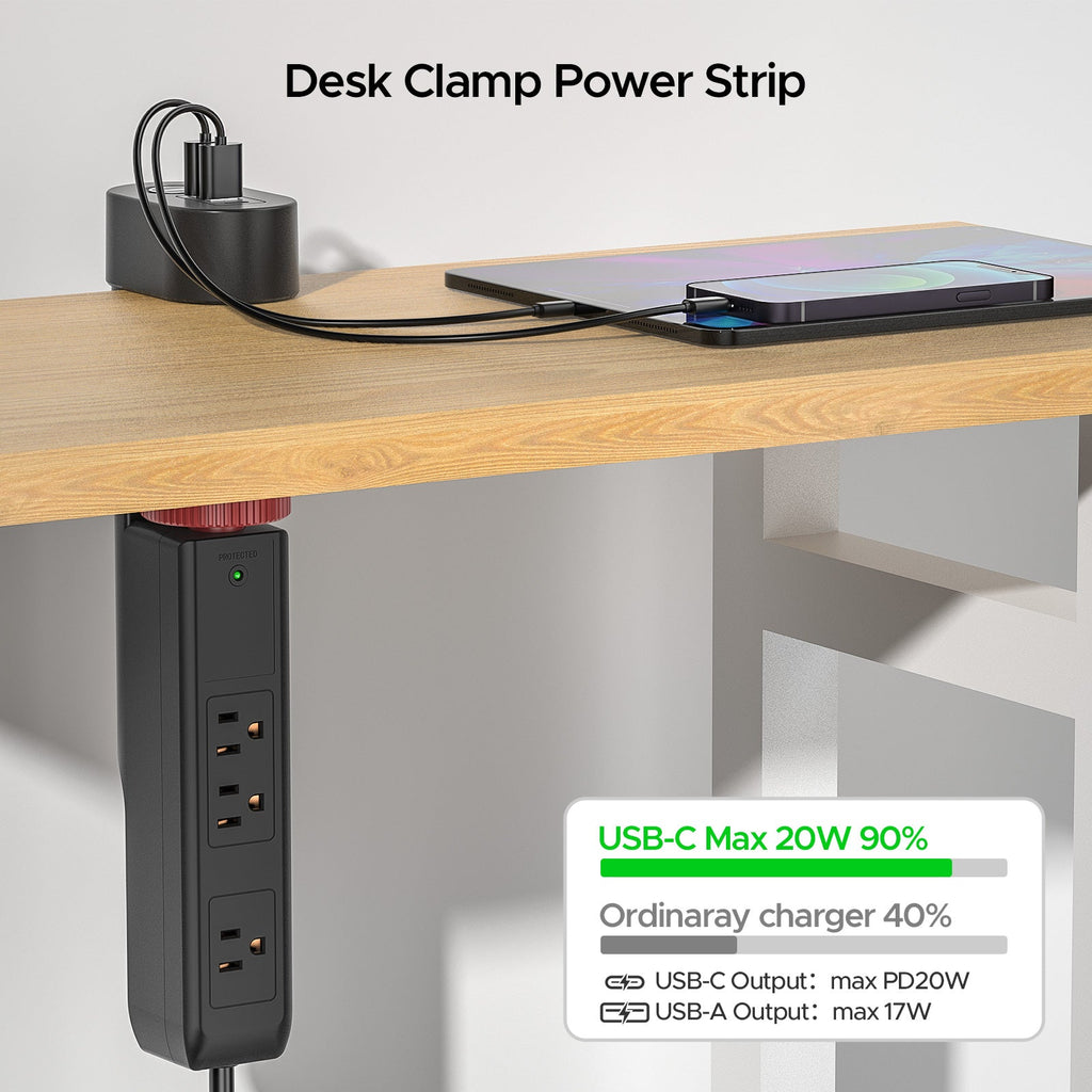 CRST Under-Desk Clamp Power Strip with 3 AC Outlets & 3 USB Ports (1 USB-C), 1020J Surge Protector, 6FT Flat Plug Extension Cord, Easy Mount Desk Charging Station for Home Office