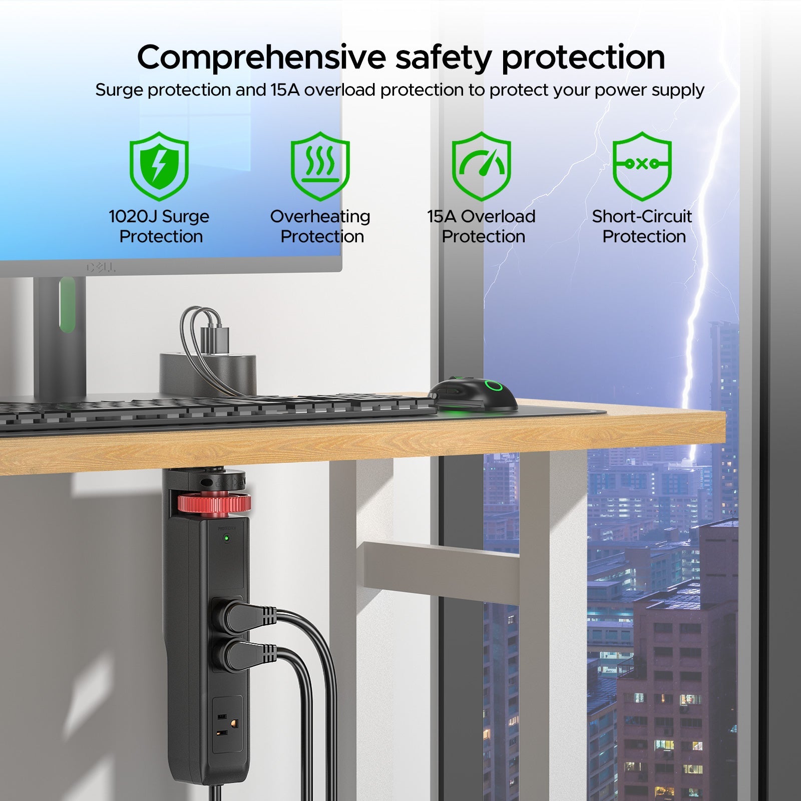 CRST Under-Desk Clamp Power Strip with 3 AC Outlets & 3 USB Ports (1 USB-C), 1020J Surge Protector, 6FT Flat Plug Extension Cord, Easy Mount Desk Charging Station for Home Office
