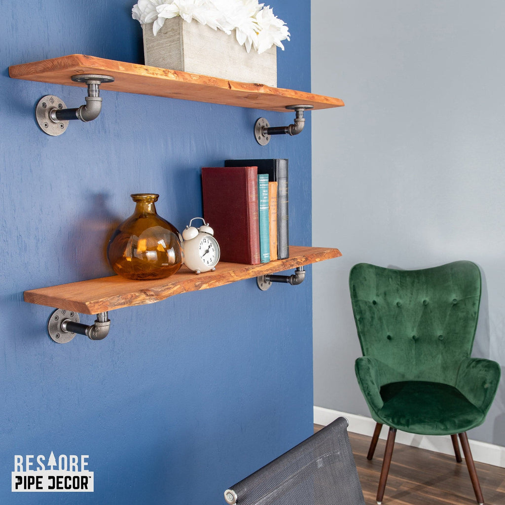 36” Sunset Cedar Live Edge Wood Shelf with L-Shaped Pipe Brackets (2-Pack)