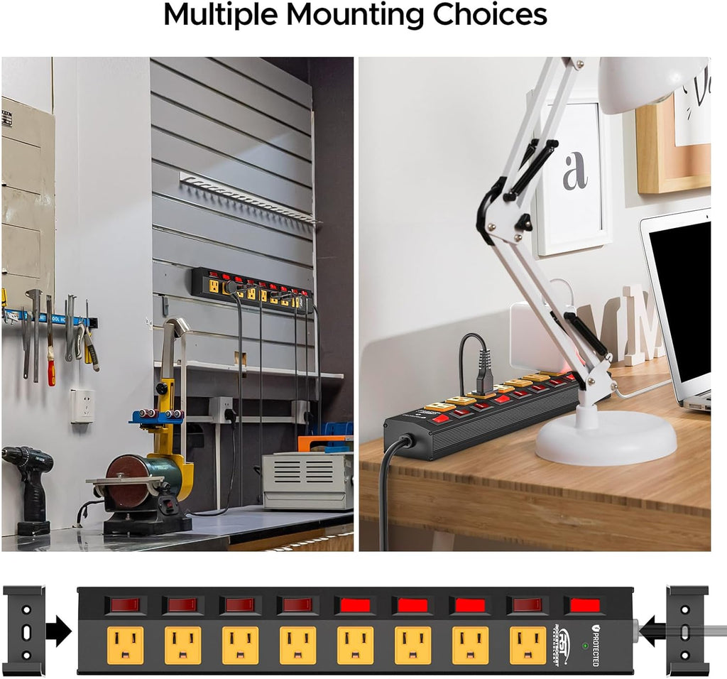 CRST 8-Outlet Wide Metal Surge Protector Power Strip - Individual Switches, 1200J, Wall Mount, 6ft Cord