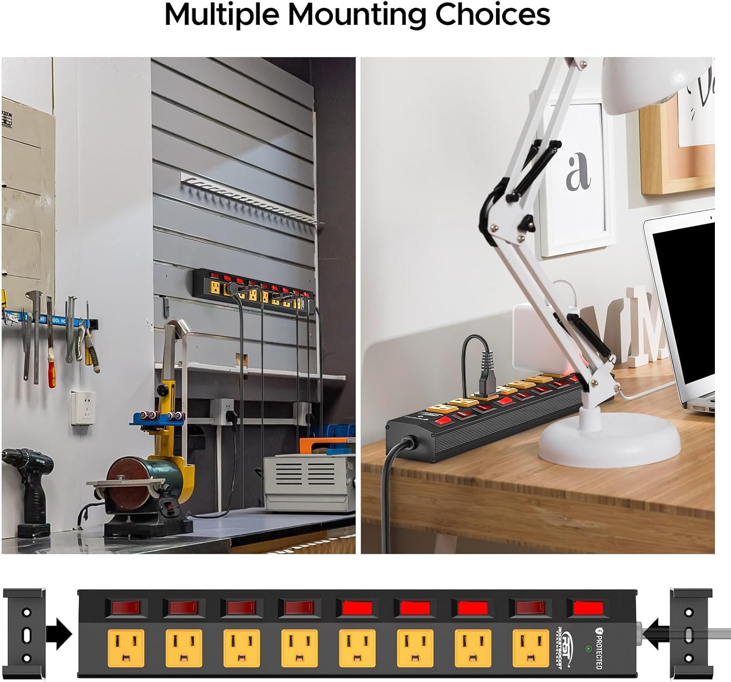 CRST 8-Outlet Wide Metal Surge Protector Power Strip - Individual Switches, 1200J, Wall Mount, 6ft Cord