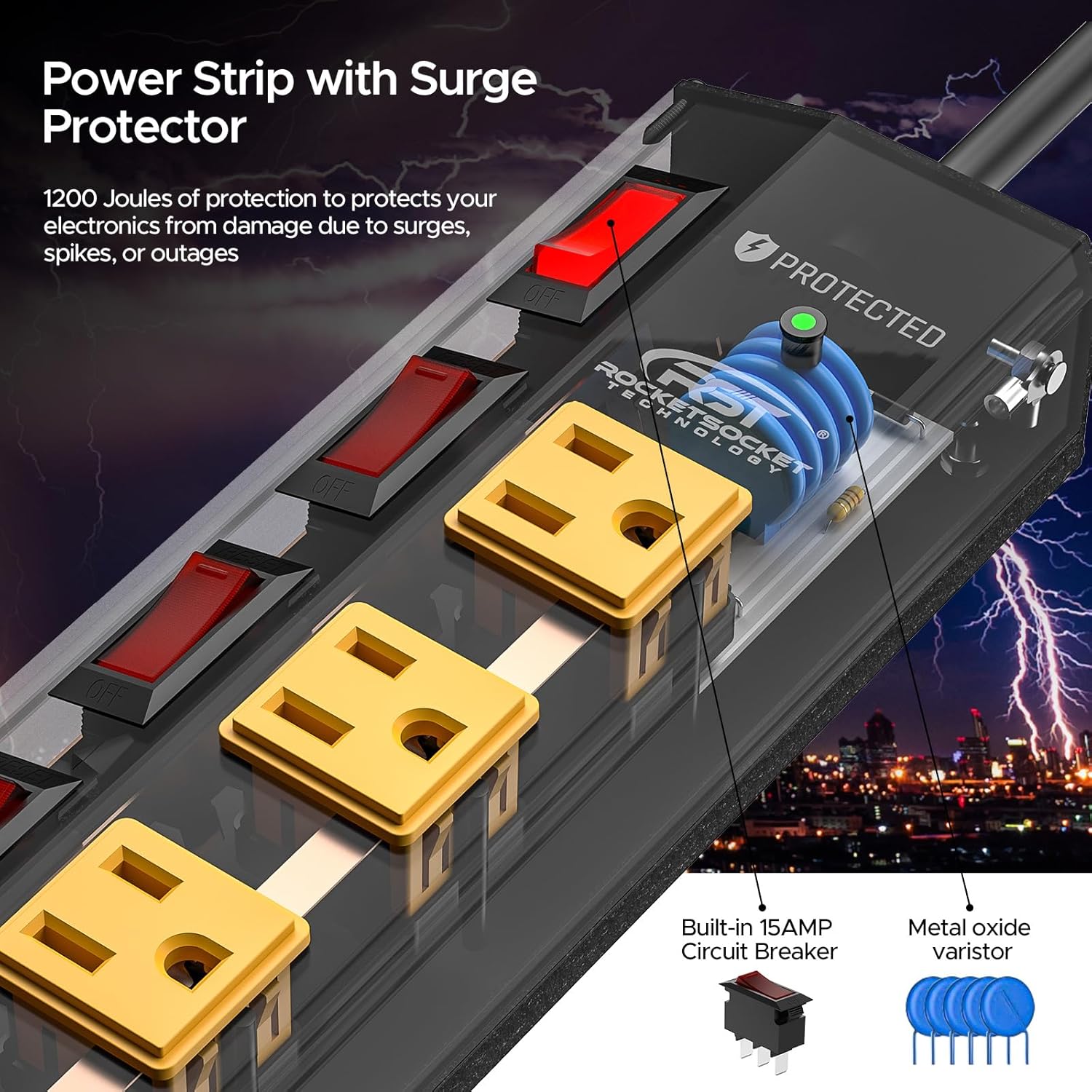 CRST 8-Outlet Wide Metal Surge Protector Power Strip - Individual Switches, 1200J, Wall Mount, 6ft Cord