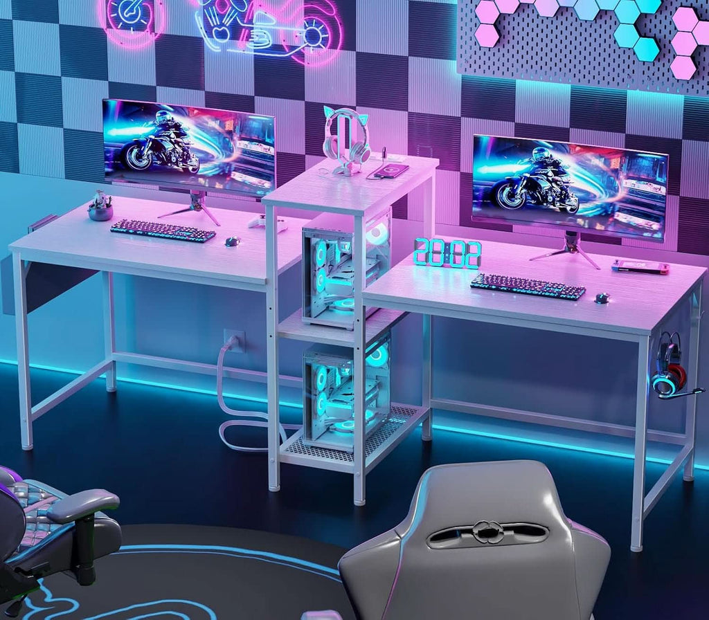 Double Desk With Power Outlets For Home Office