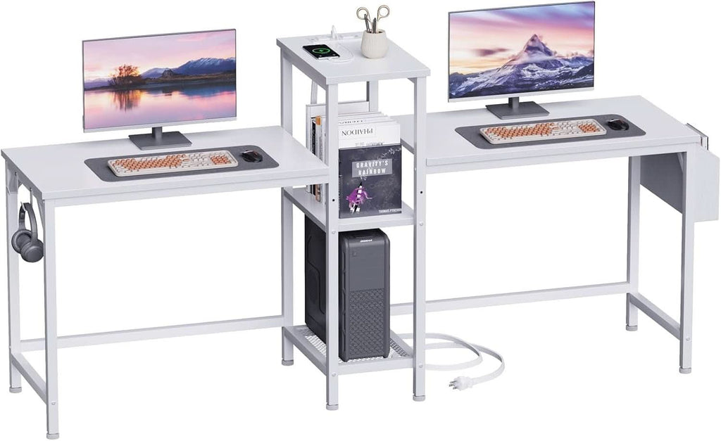 Double Desk With Power Outlets For Home Office