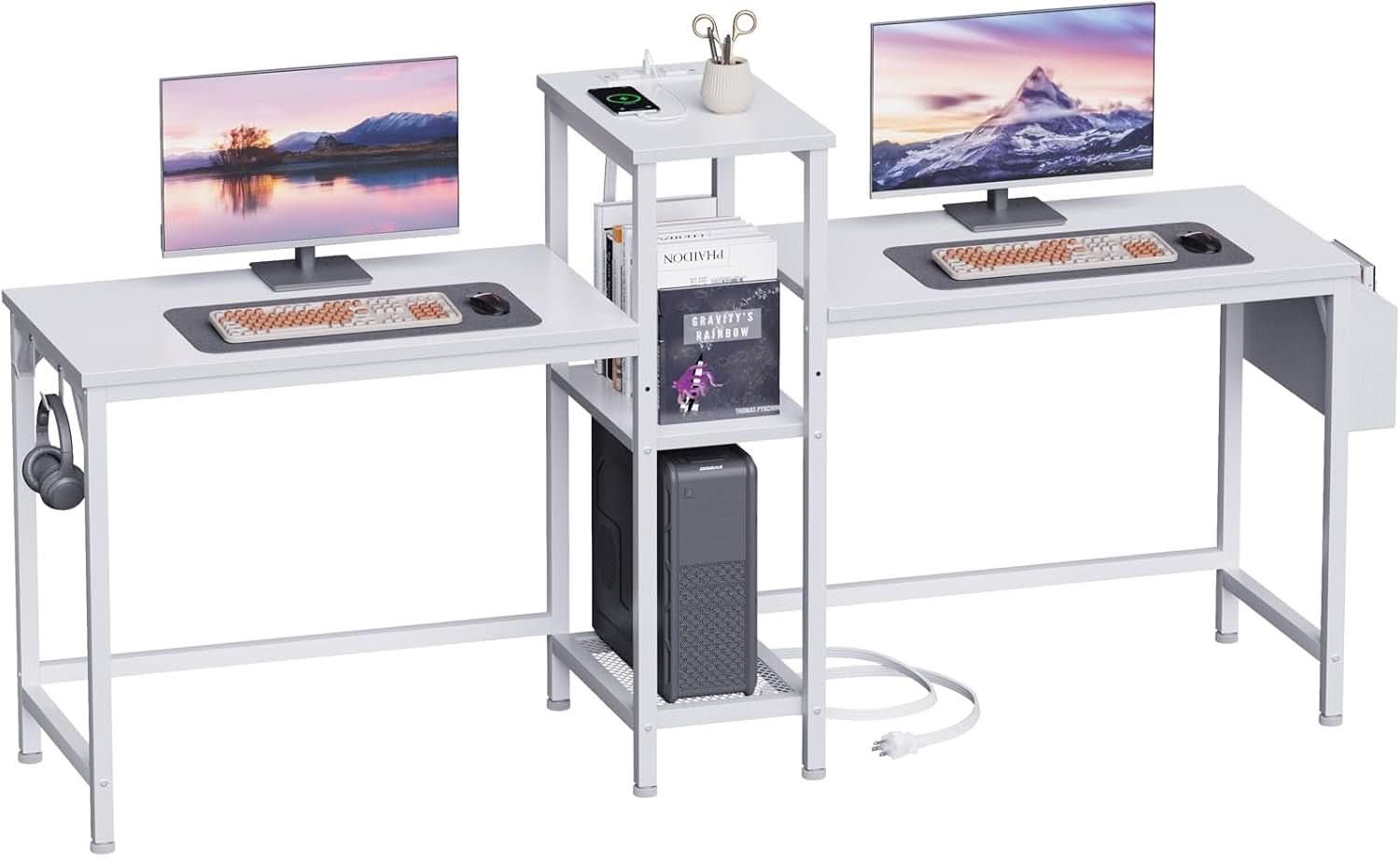 Double Desk With Power Outlets For Home Office