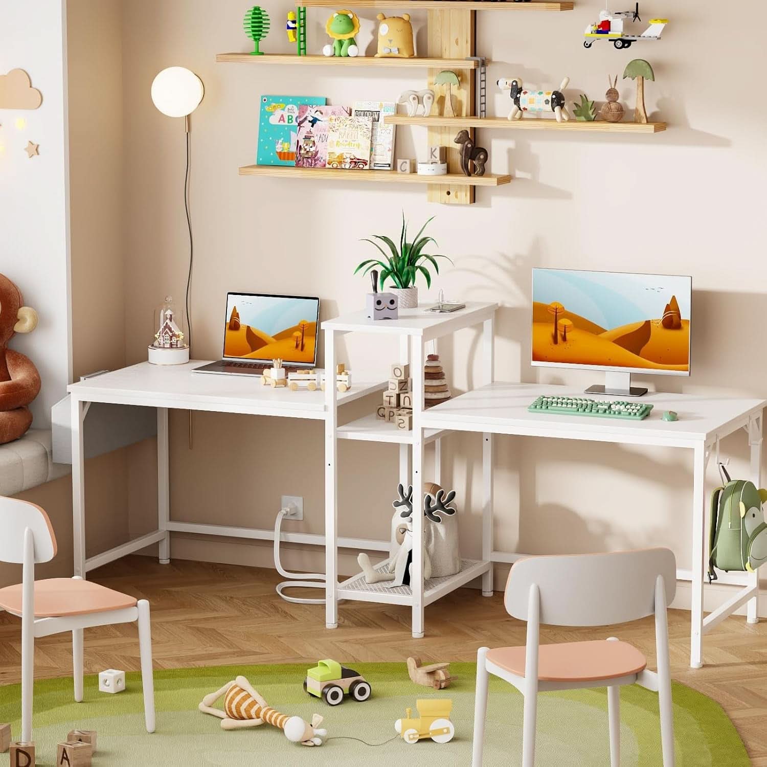 Double Desk With Power Outlets For Home Office