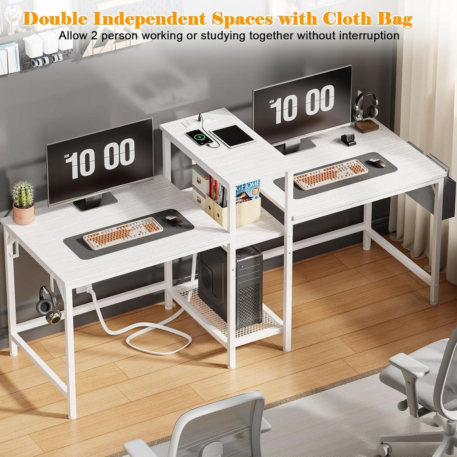 Double Desk With Power Outlets For Home Office